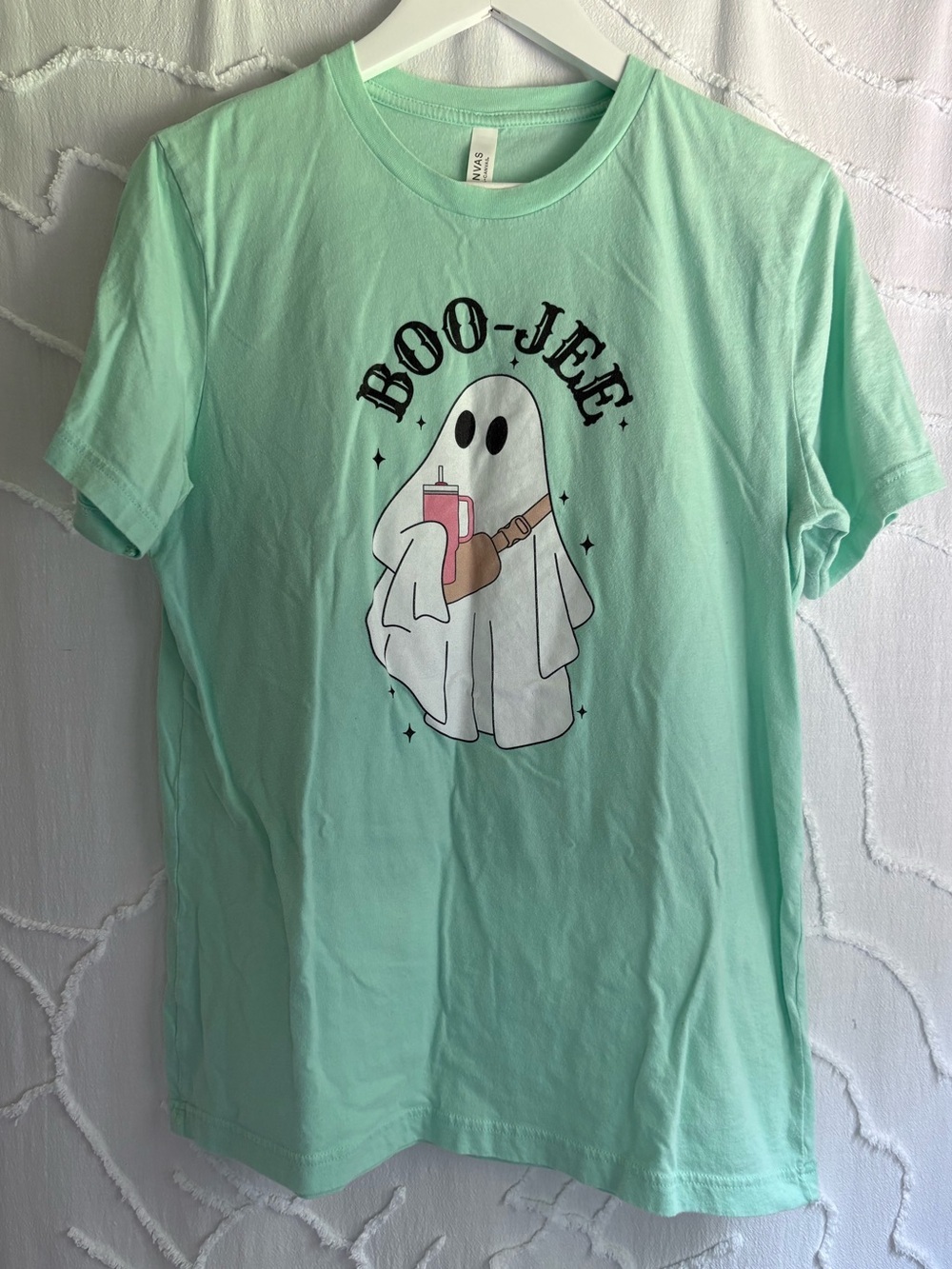 Boo Jee Ghost Halloween Graphic Tee Bella Canvas Mint Green Large Spooky Cute